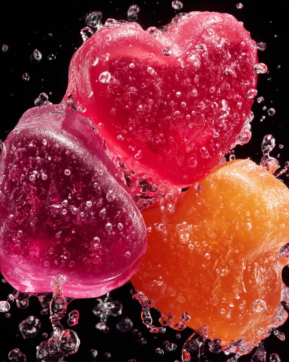 Three glossy fruit gummy hearts in a splash of water